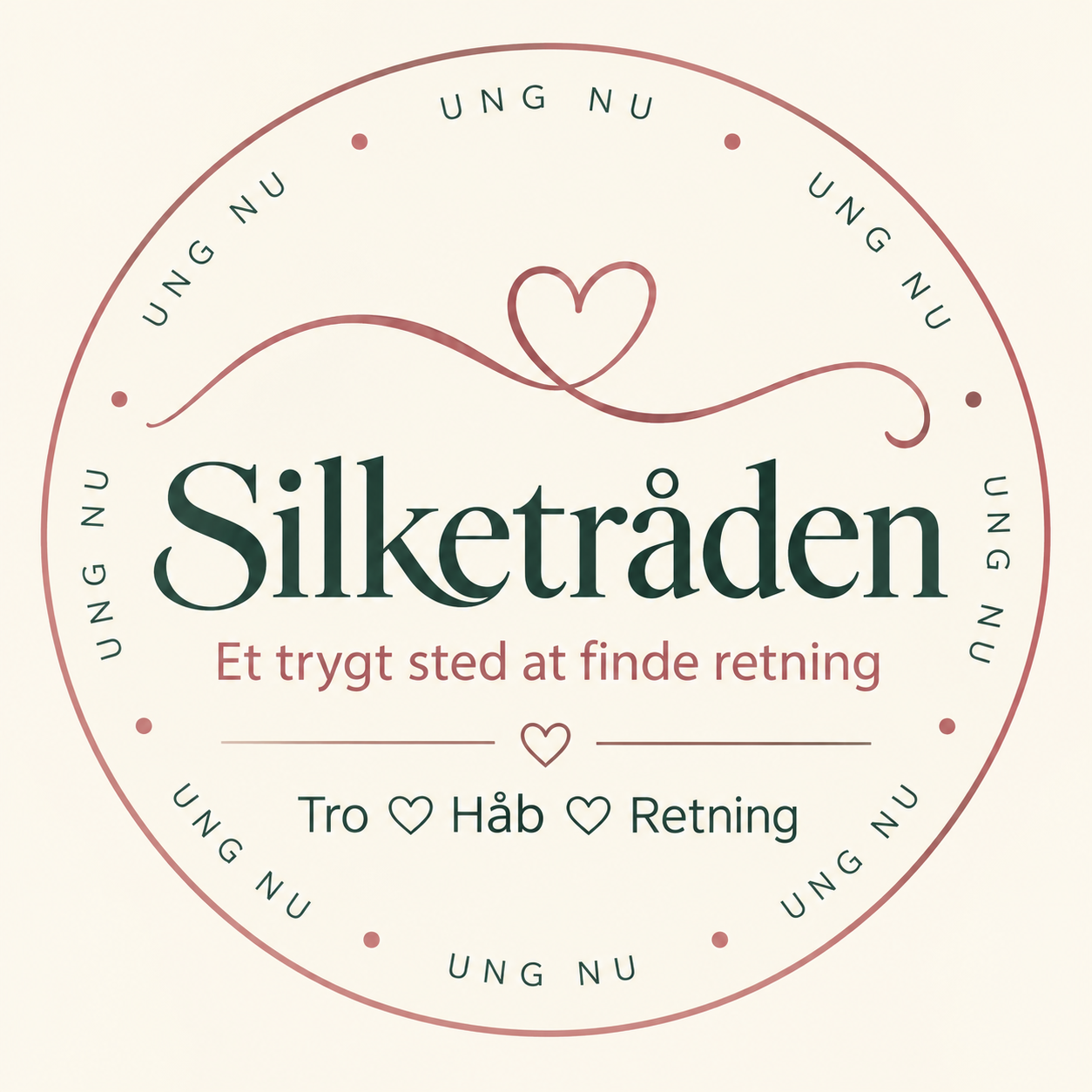 Rundt Silketråden-logo med Ung Nu, hjerter og Tro Håb Retning